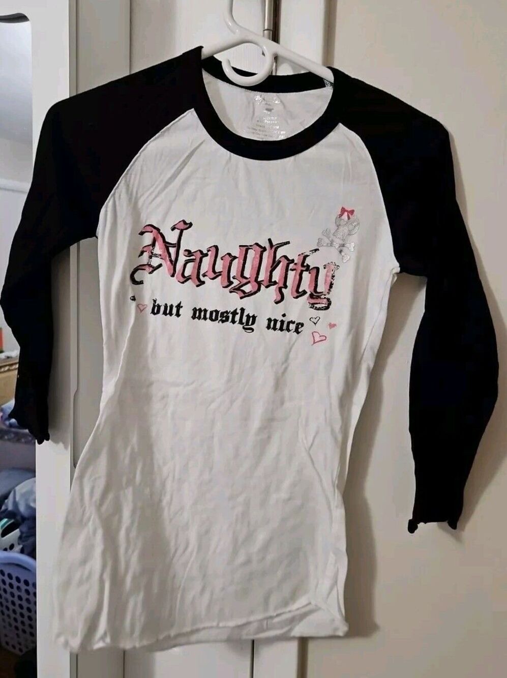 Goth Naughty But Mostly Nice W Silver Skull 3/4 Sleeve Color Block Shirt M